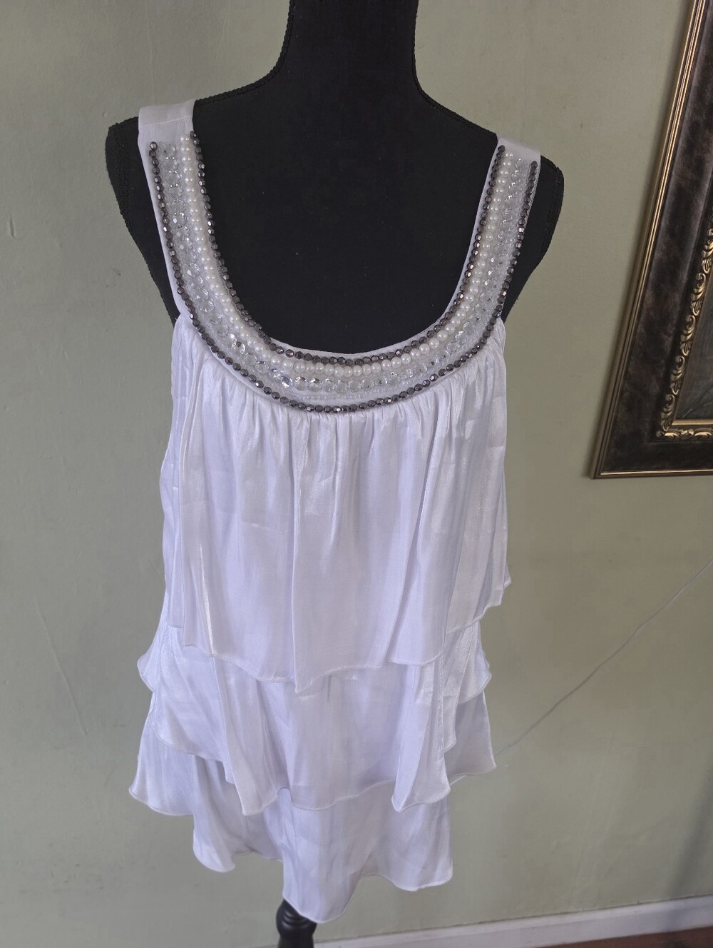 Ashley Stewart White Beaded Tiered Tunic Top XL